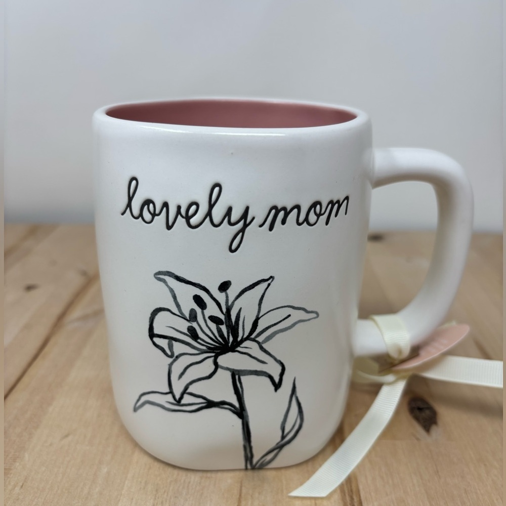 Rae Dunn LOVELY MOM Mug White Ceramic Pink Interior Floral Decor Black Lettering